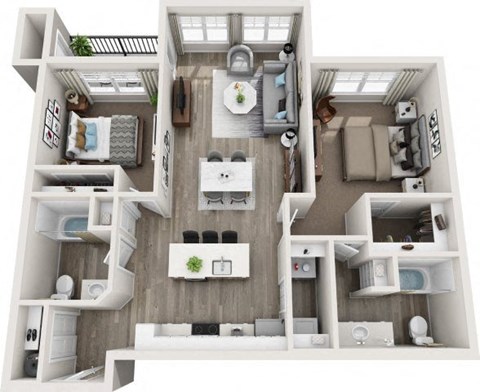 Floor plan for 2 beds, 2 baths, 1049 sqft